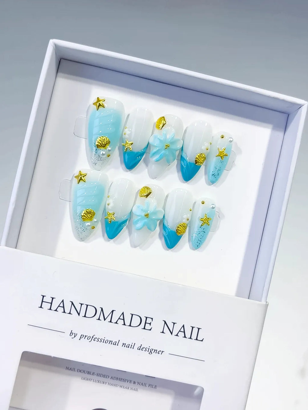 White Blue French tip Flower Star Shell press on nails
