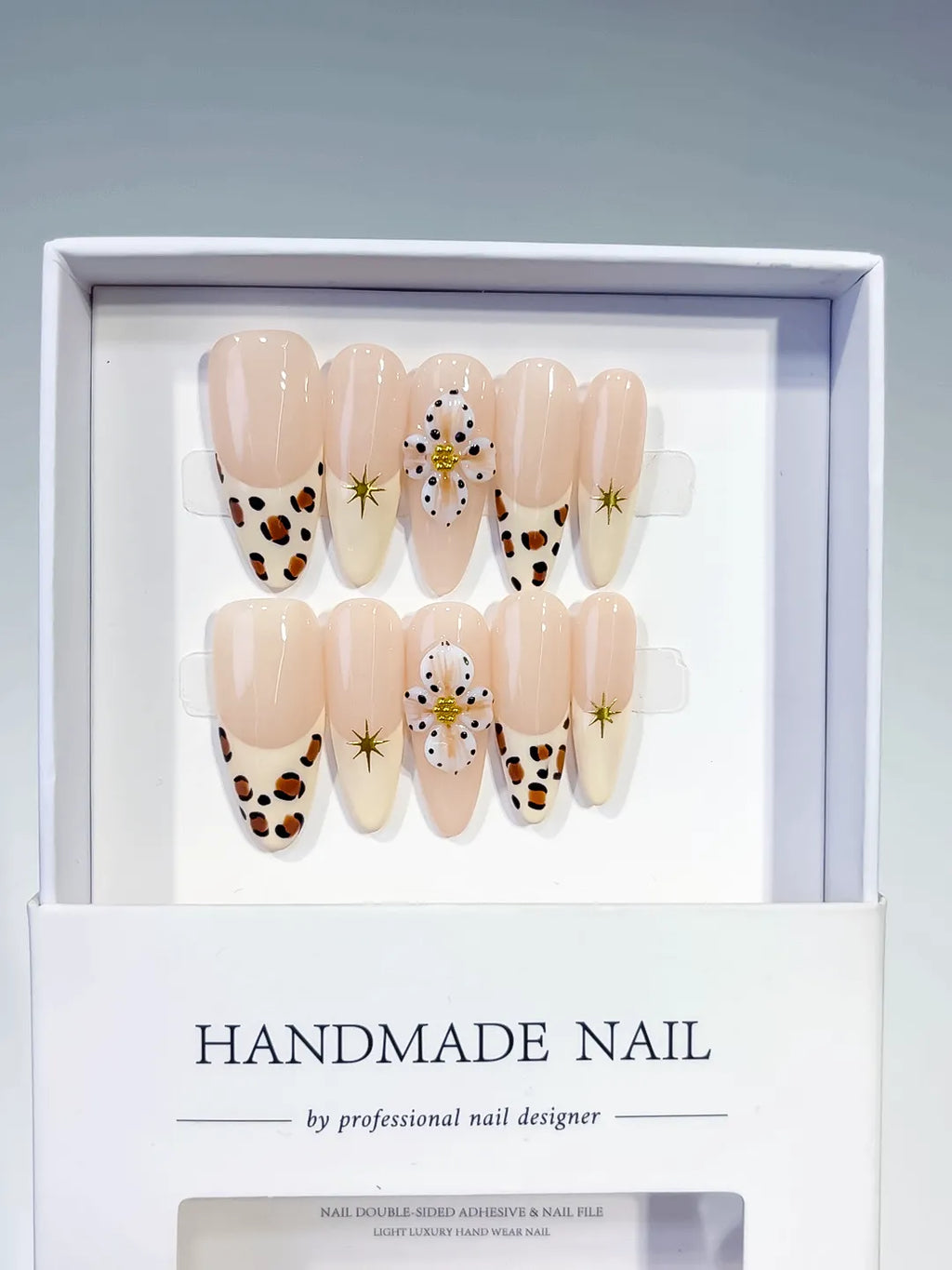 Nude Brown White French tip Flower Animal Print Star press on nails full set view
