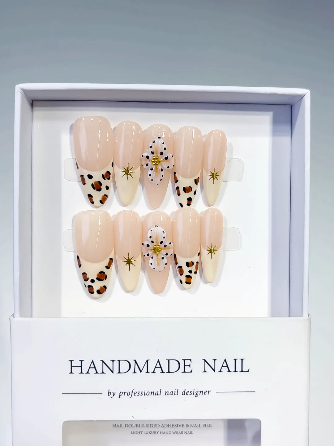 Nude Brown White French tip Flower Animal Print Star press on nails full set view