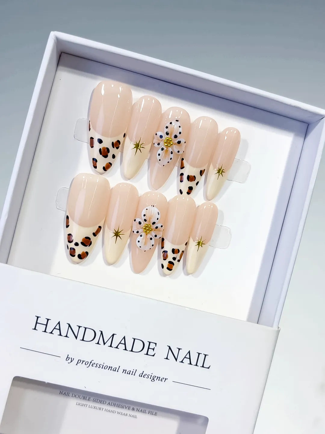 Nude Brown White French tip Flower Animal Print Star press on nails