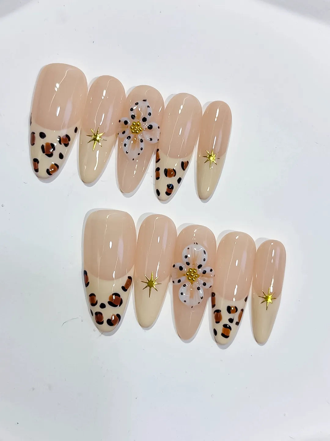 Nude Brown White French tip Flower Animal Print Star press on nails detail view