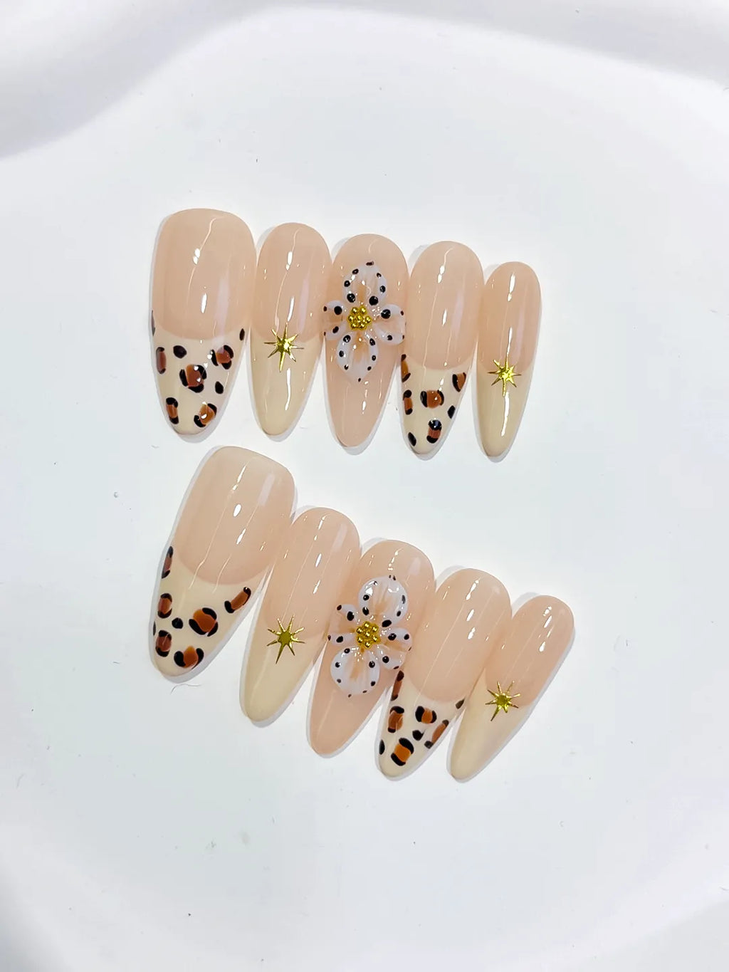 Nude Brown White French tip Flower Animal Print Star press on nails detail view