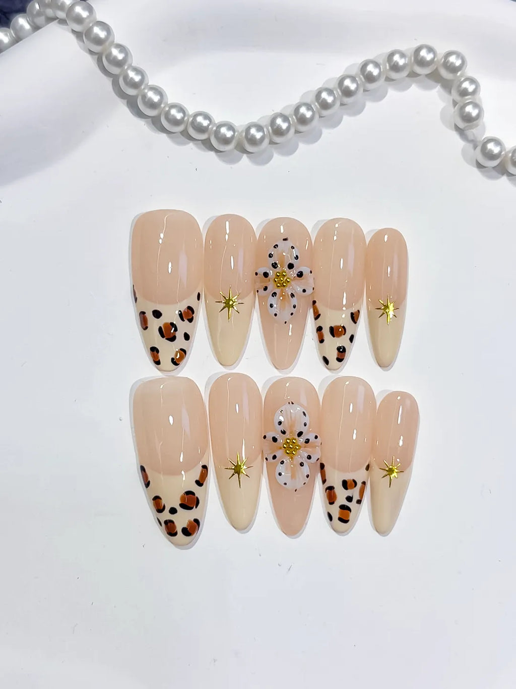 Nude Brown White French tip Flower Animal Print Star press on nails close up