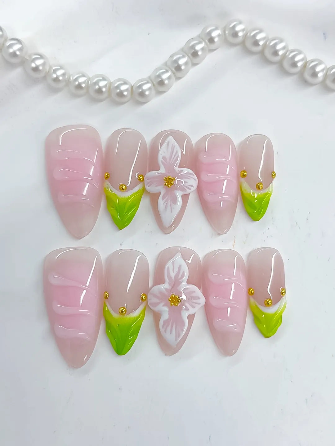 Pink Green French tip Flower Stud press on nails close up