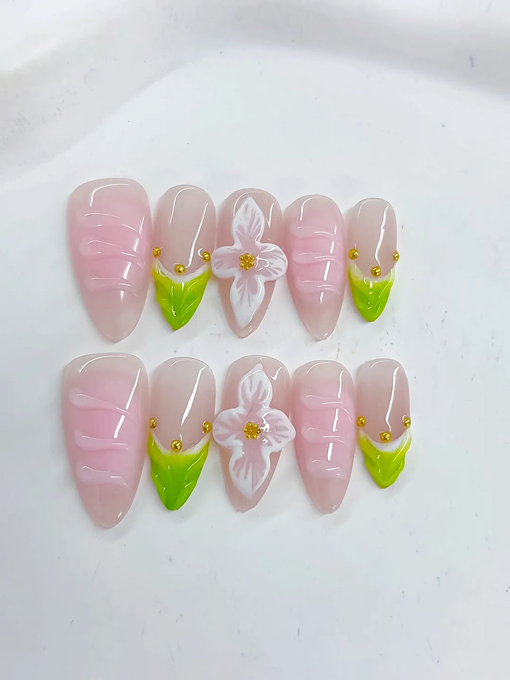 Pink Green French tip Flower Stud press on nails detail view