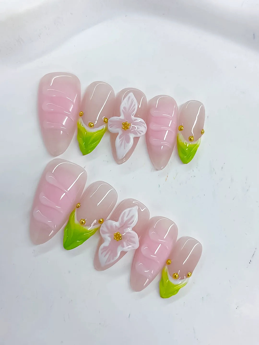 Pink Green French tip Flower Stud press on nails detail view