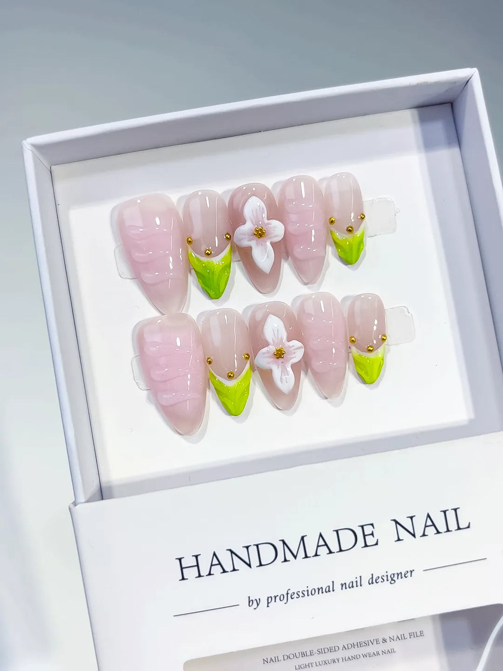 Pink Green French tip Flower Stud press on nails angled view