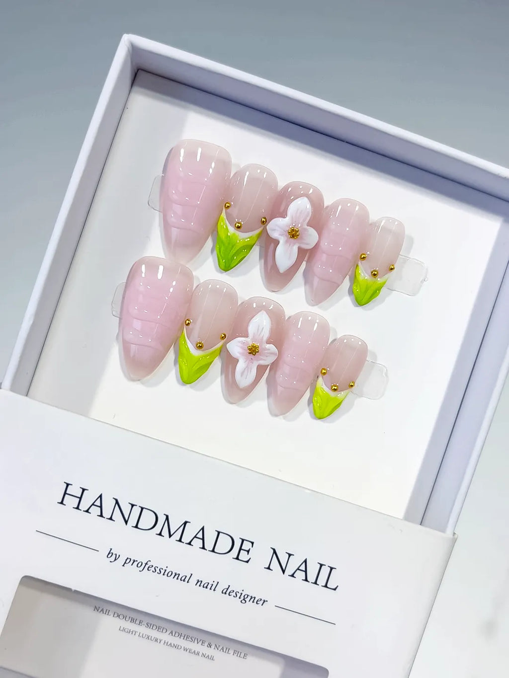 Pink Green French tip Flower Stud press on nails