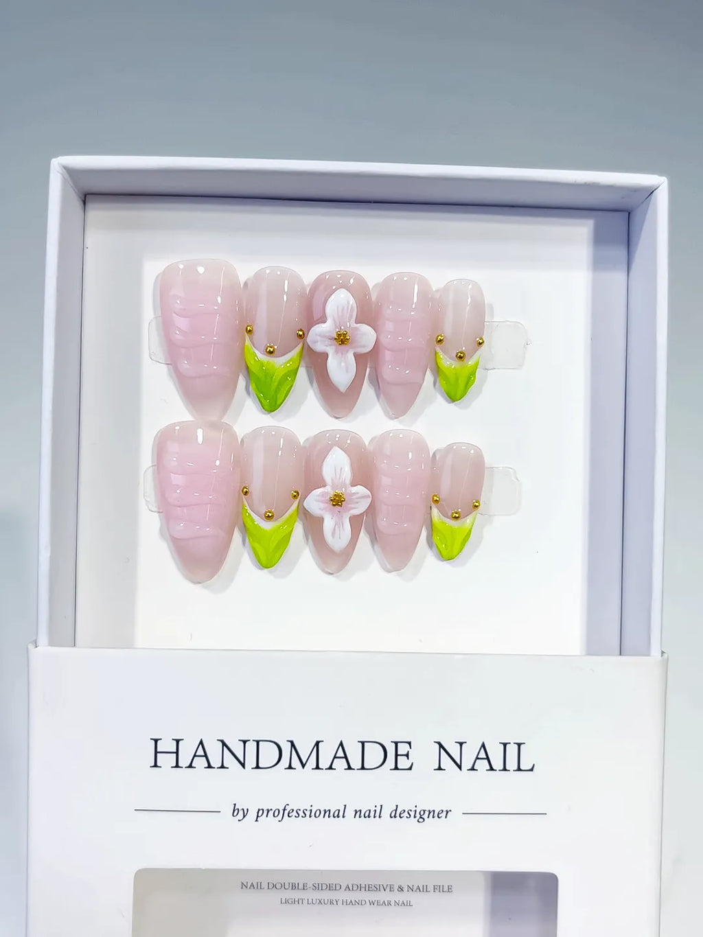 Pink Green French tip Flower Stud press on nails full set view