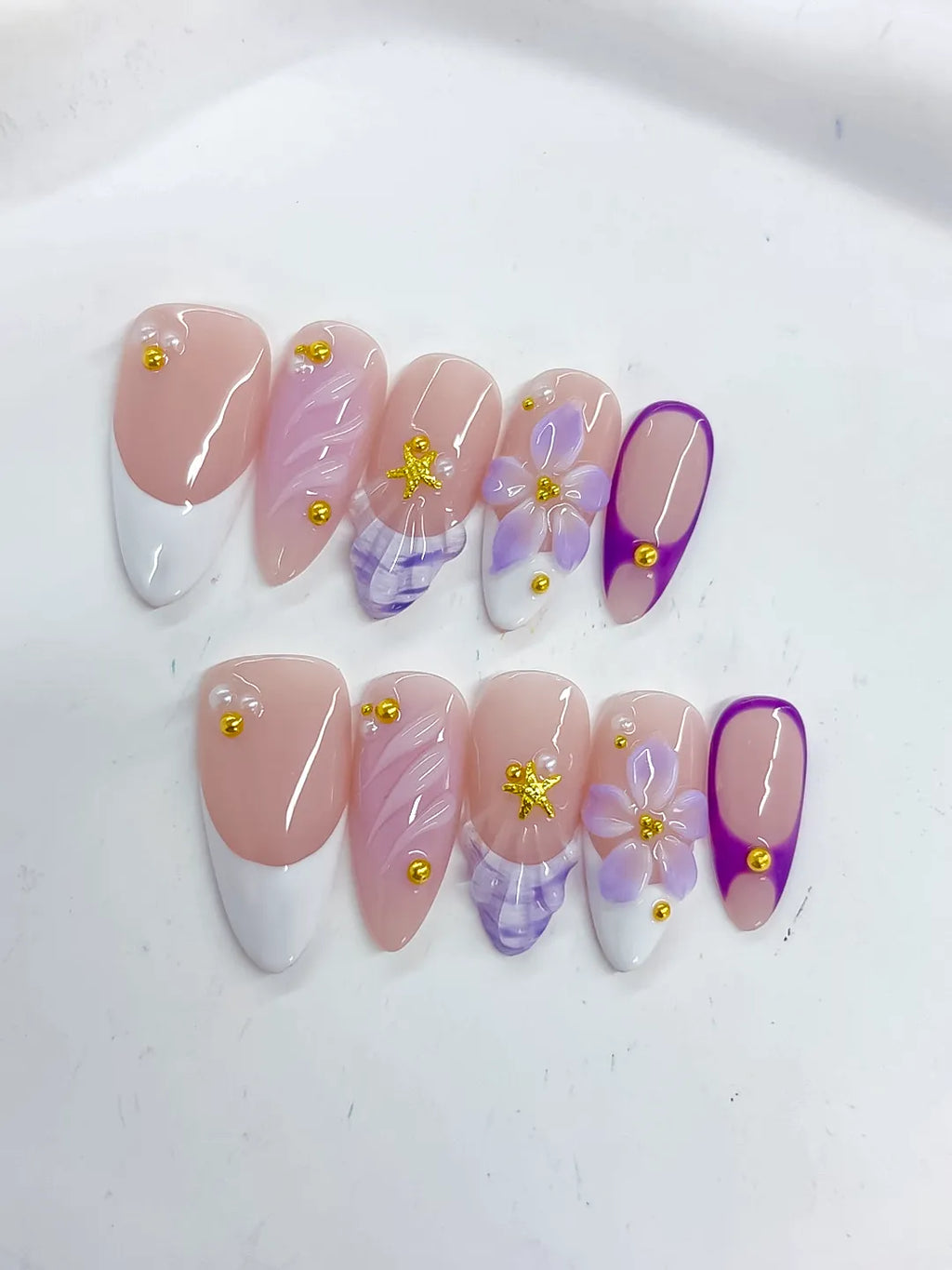 Nude White Purple French tip Flower Shell Stud press on nails detail view