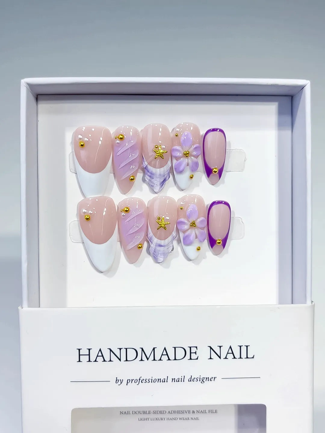 Nude White Purple French tip Flower Shell Stud press on nails full set view
