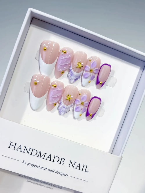 Nude White Purple French tip Flower Shell Stud press on nails