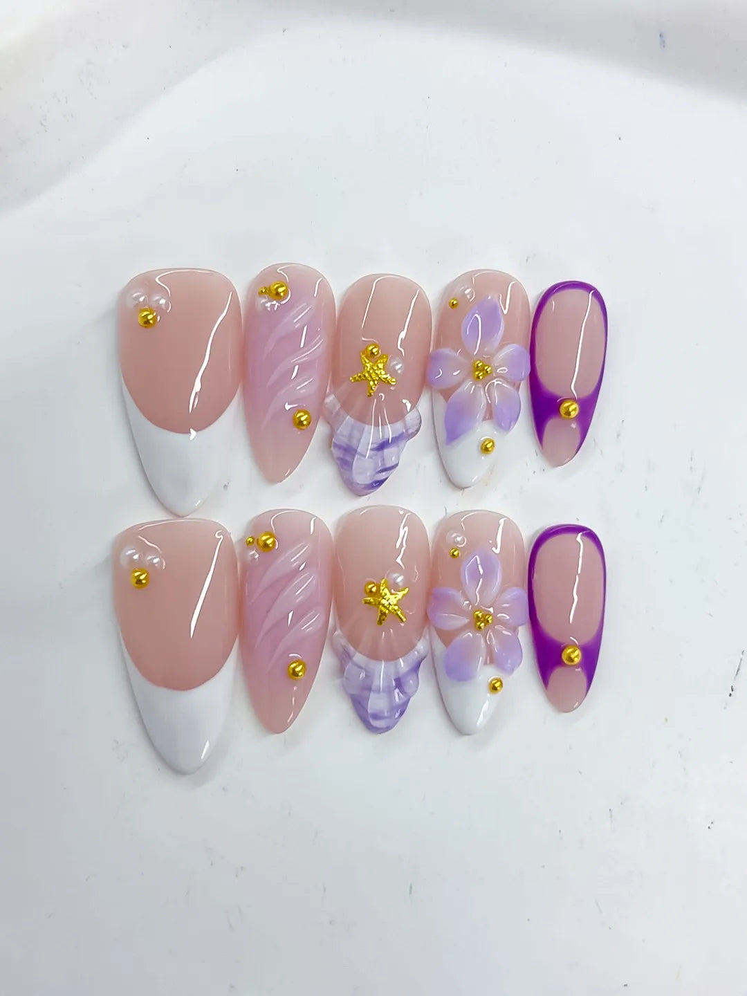Nude White Purple French tip Flower Shell Stud press on nails detail view