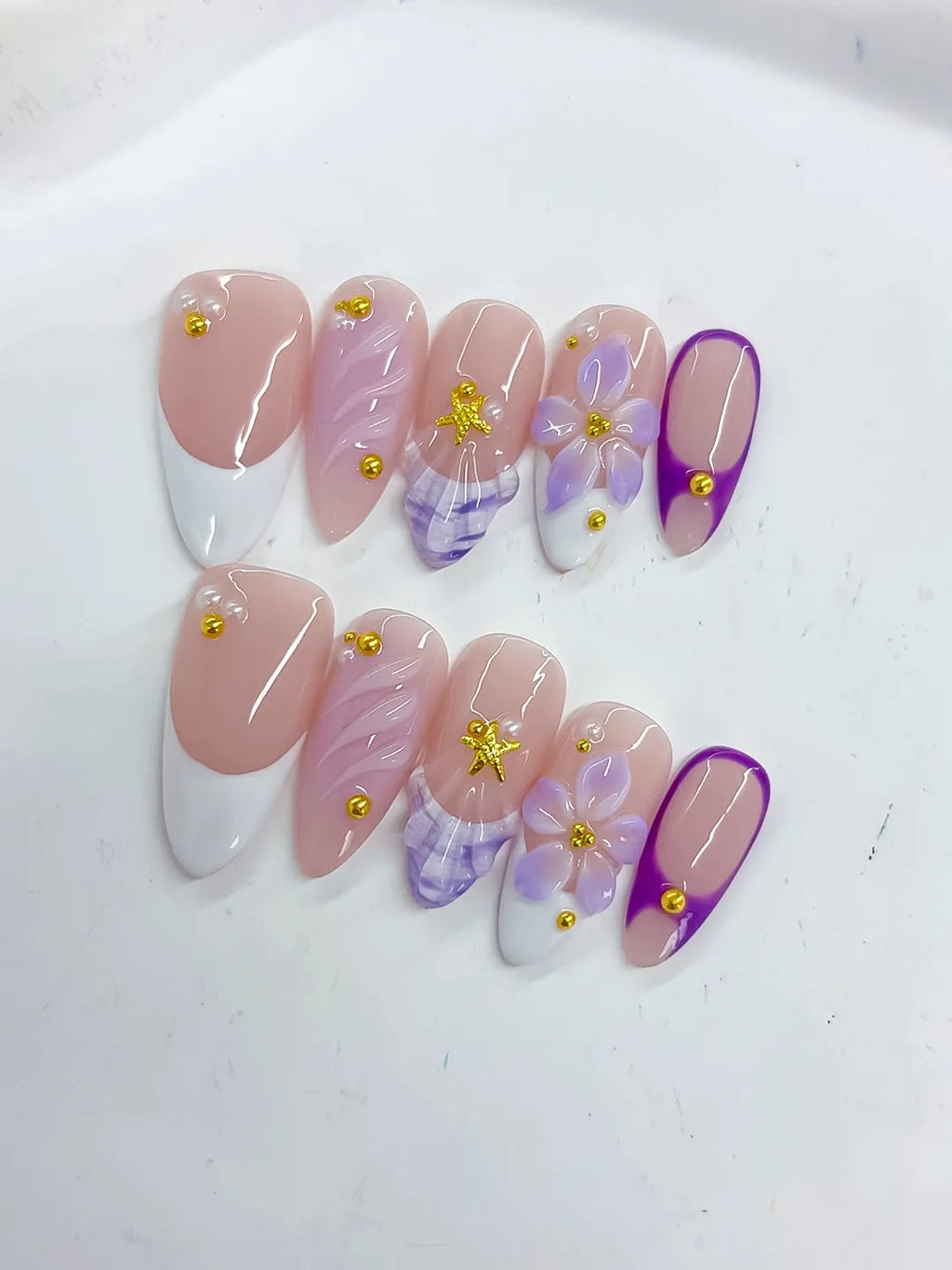 Nude White Purple French tip Flower Shell Stud press on nails detail view