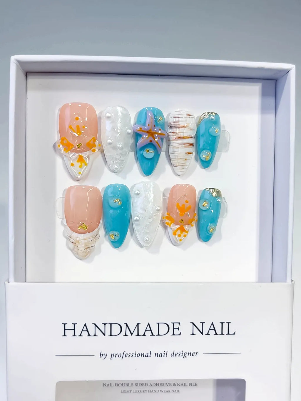 Nude Blue White Orange Gold Abstract Starfish Shell Pearl press on nails full set view