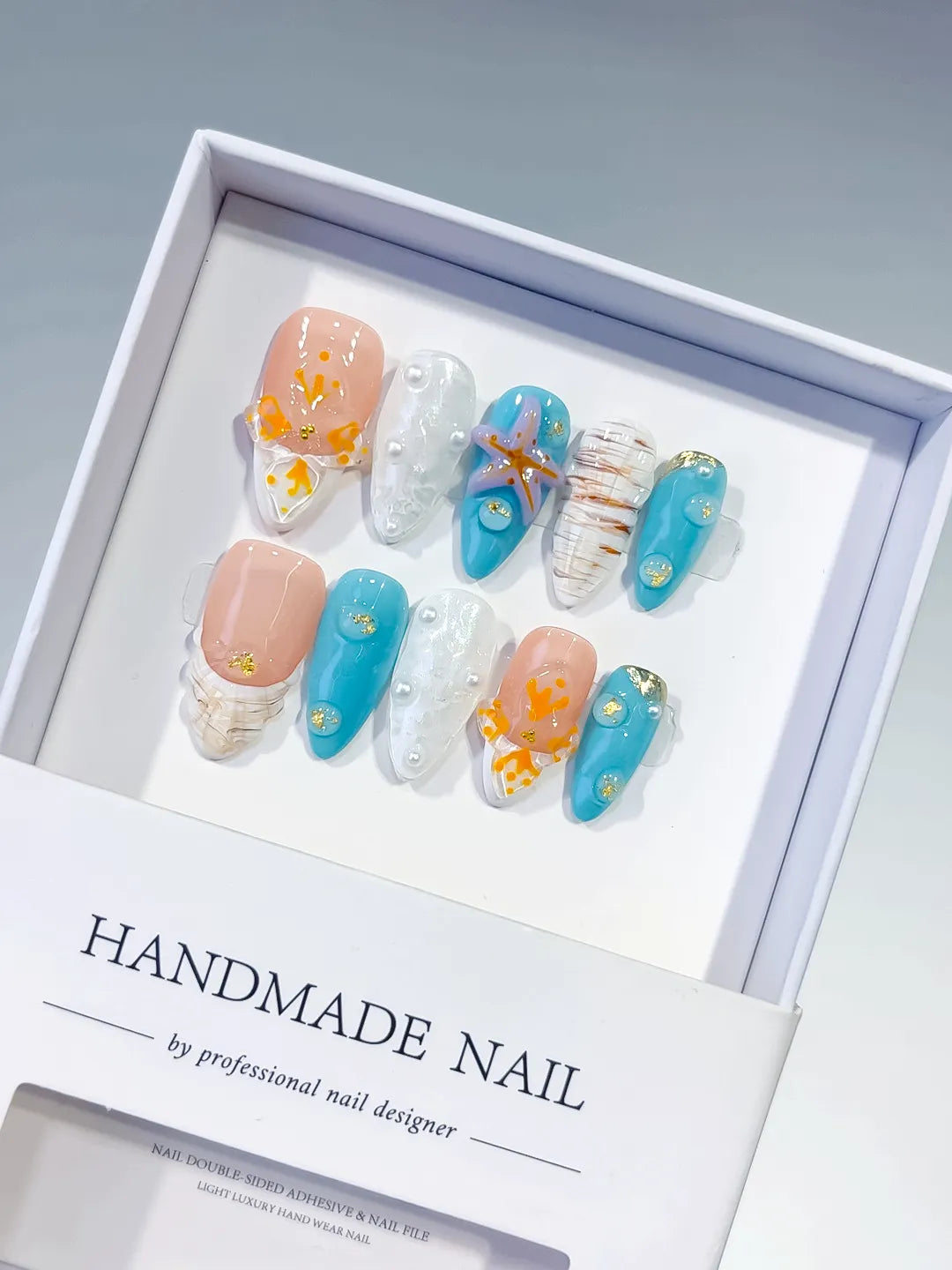Nude Blue White Orange Gold Abstract Starfish Shell Pearl press on nails