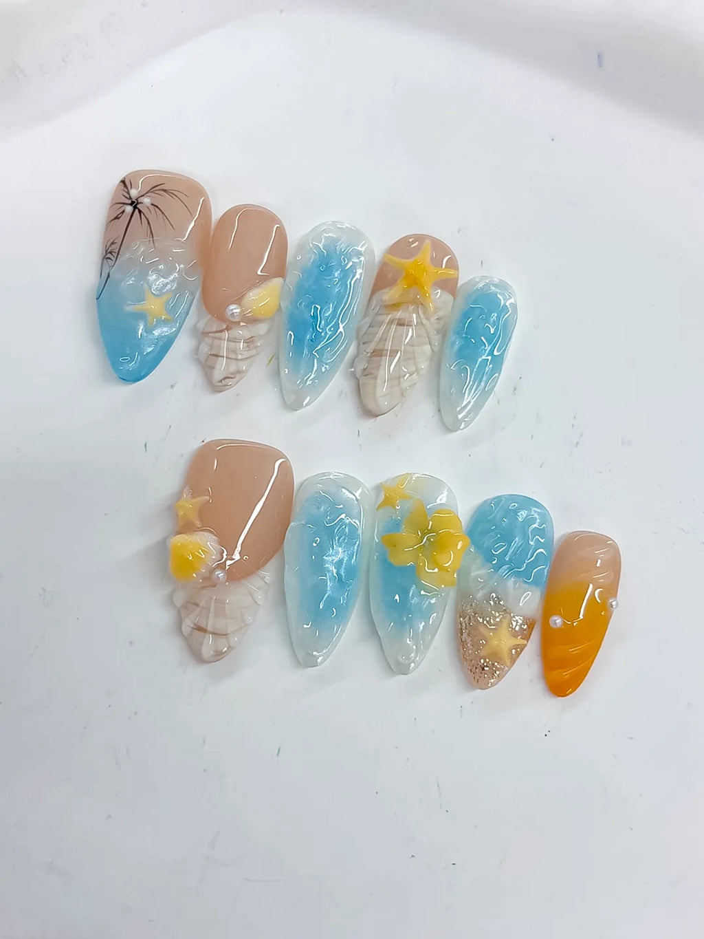 Nude Blue Yellow White Abstract Flower Star Shell press on nails detail view