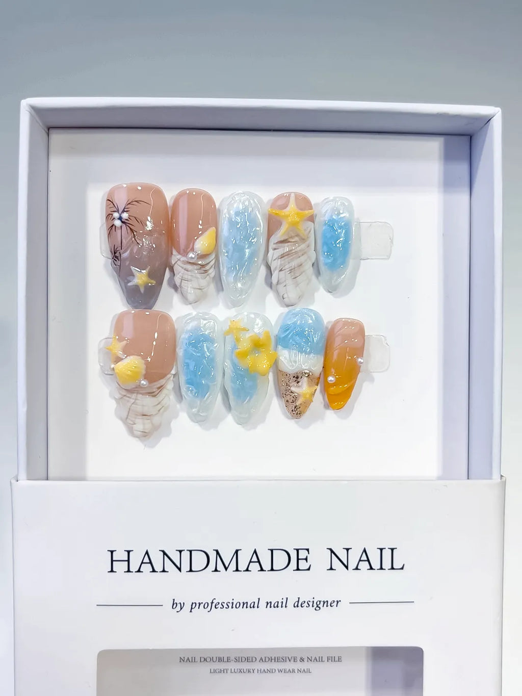 Nude Blue Yellow White Abstract Flower Star Shell press on nails full set view