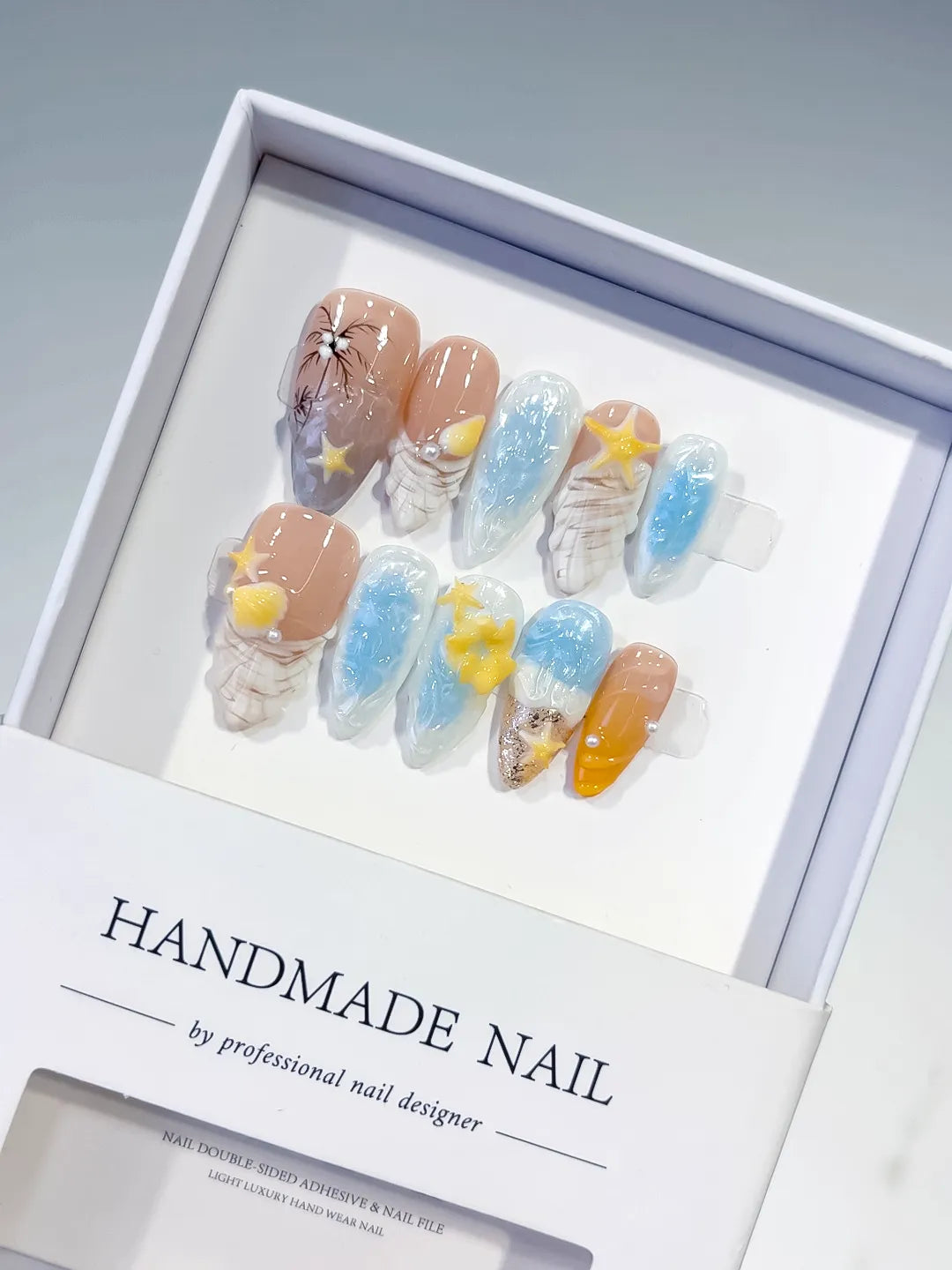 Nude Blue Yellow White Abstract Flower Star Shell press on nails