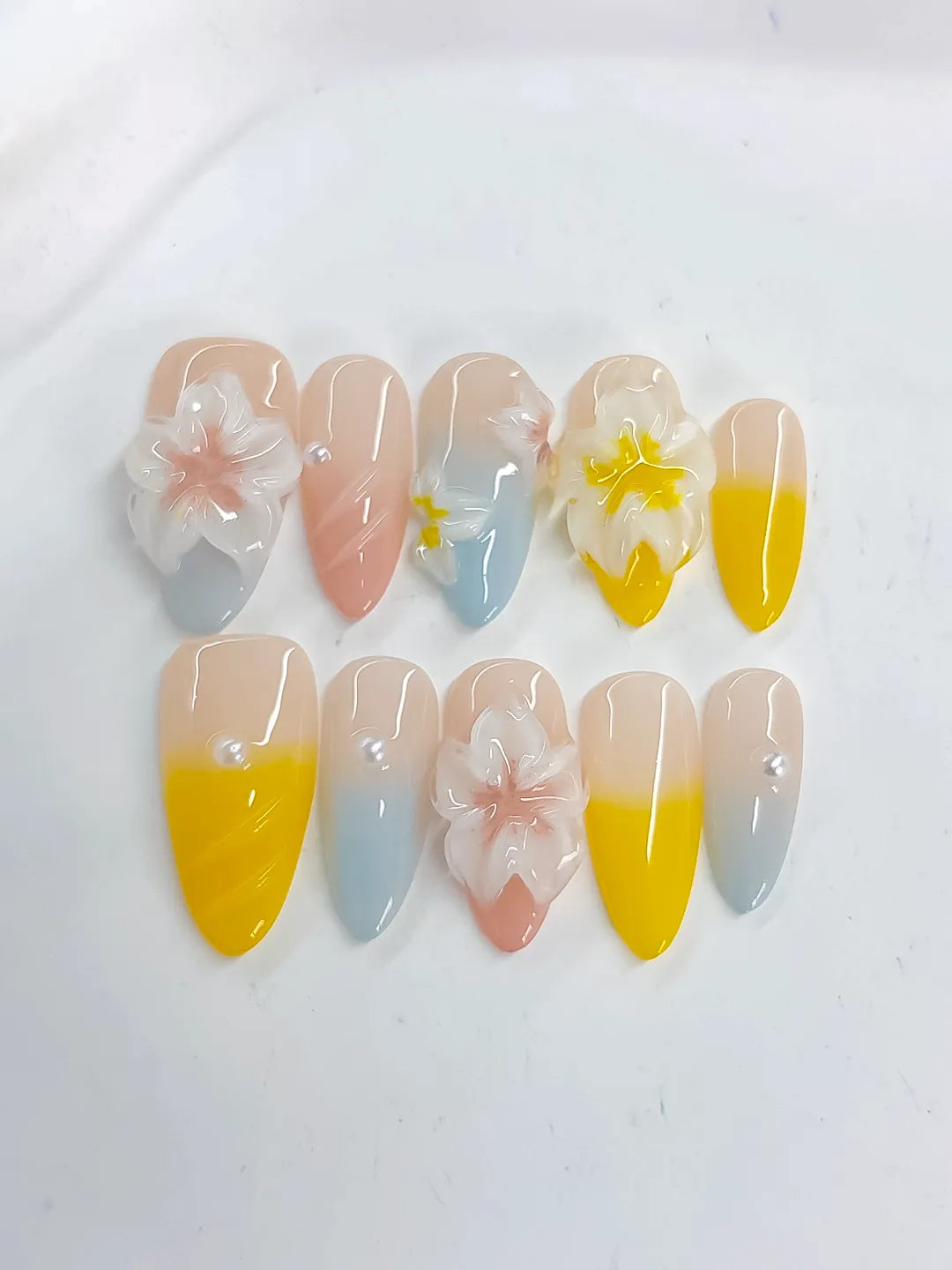 Nude Yellow Blue White French tip Flower Pearl press on nails detail view