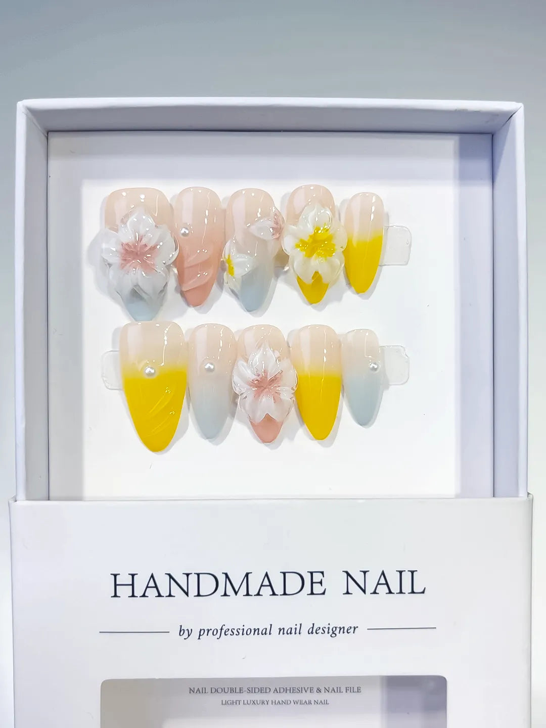 Nude Yellow Blue White French tip Flower Pearl press on nails full set view