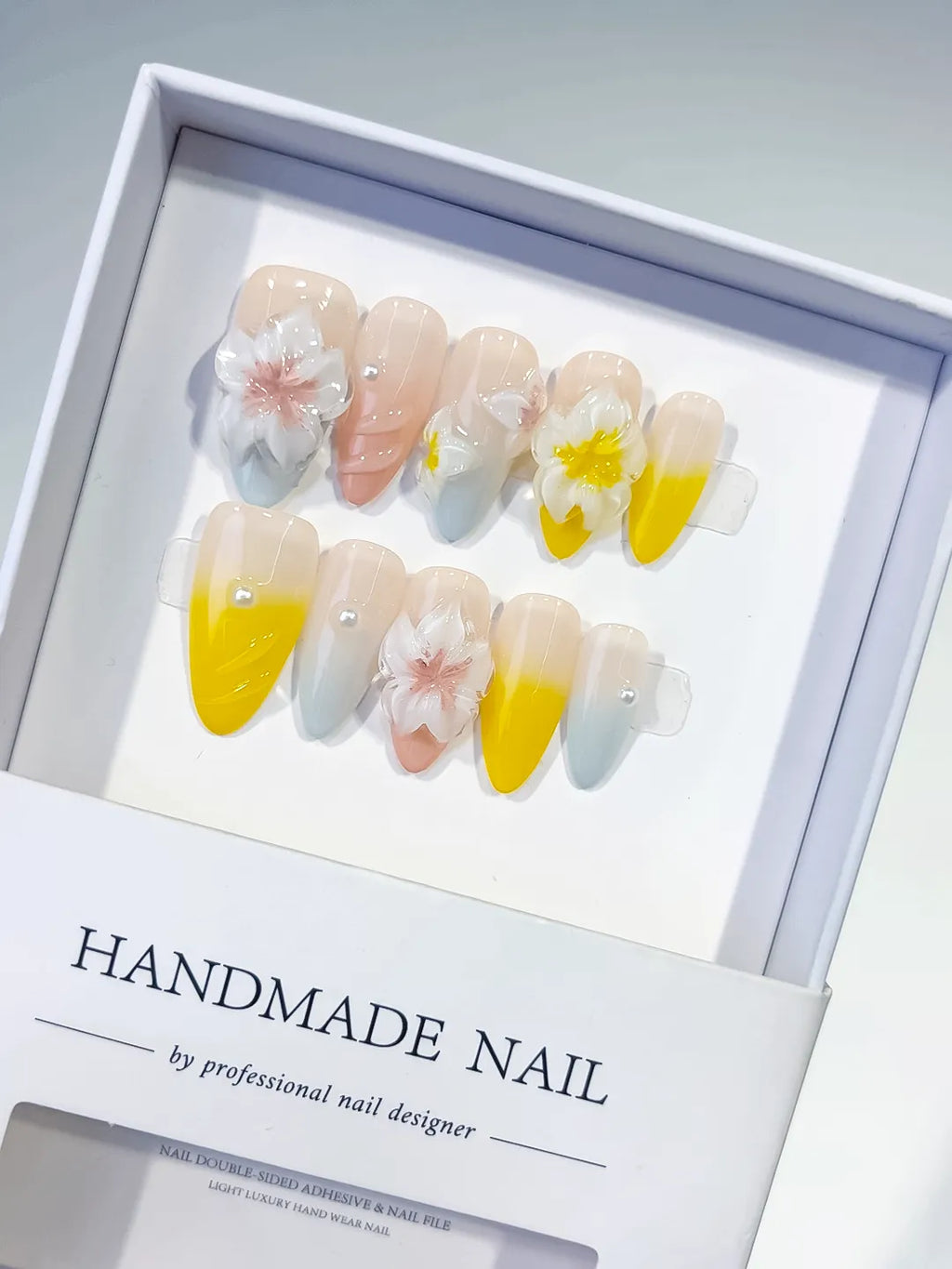 Nude Yellow Blue White French tip Flower Pearl press on nails