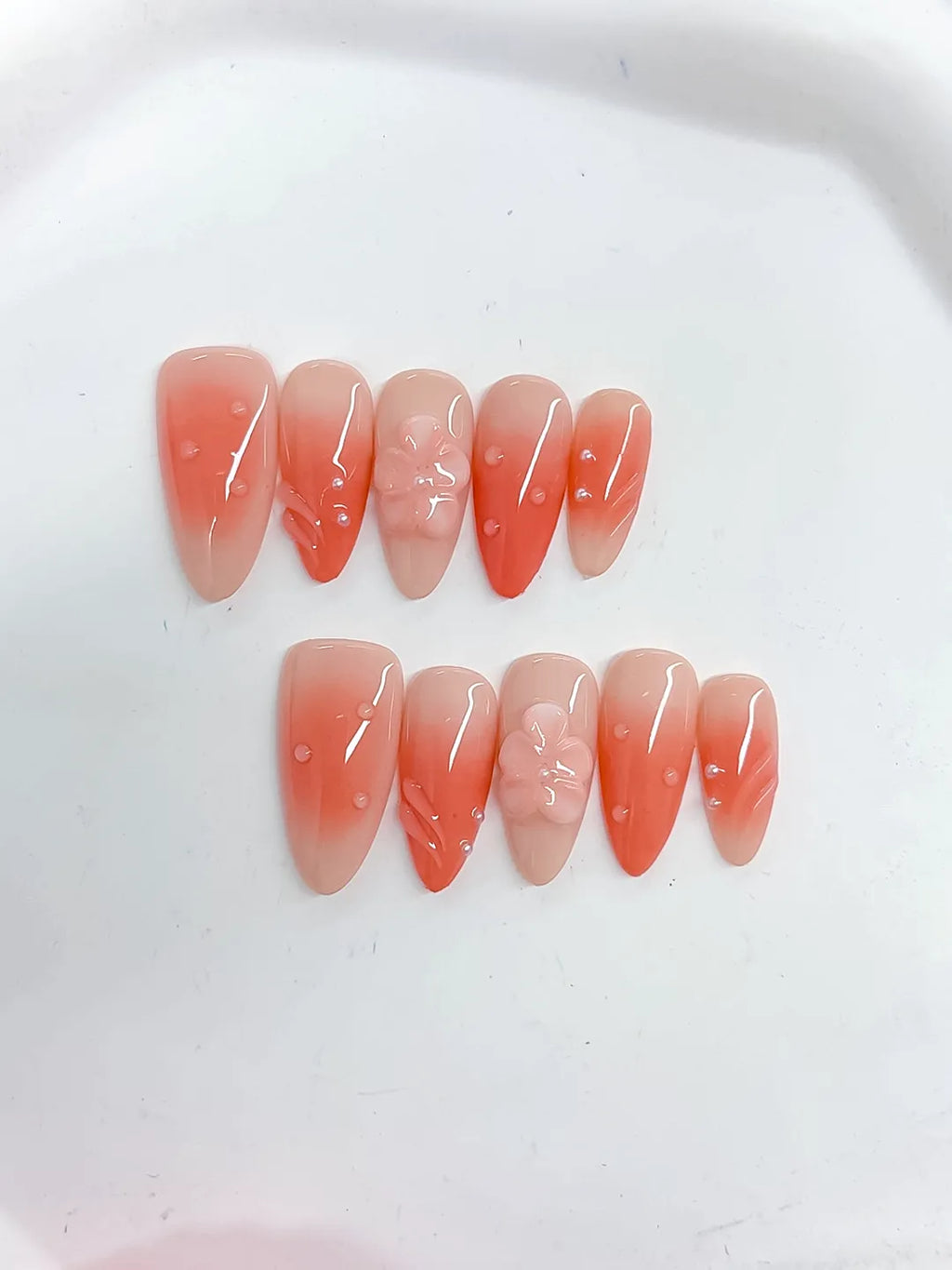 Orange Ombre Flower Rhinestone press on nails close up