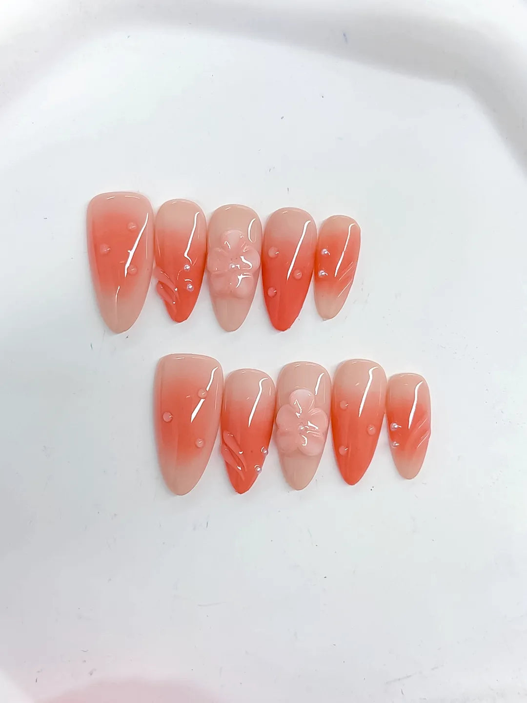 Orange Ombre Flower Rhinestone press on nails close up