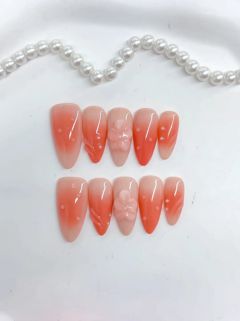 Orange Ombre Flower Rhinestone press on nails detail view