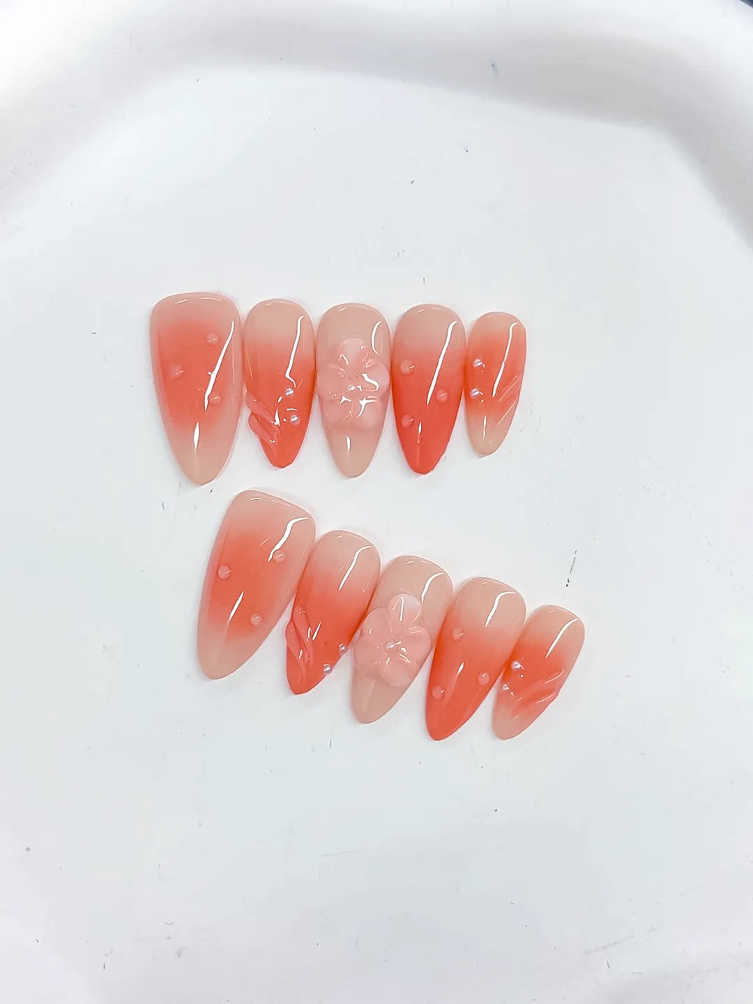 Orange Ombre Flower Rhinestone press on nails detail view