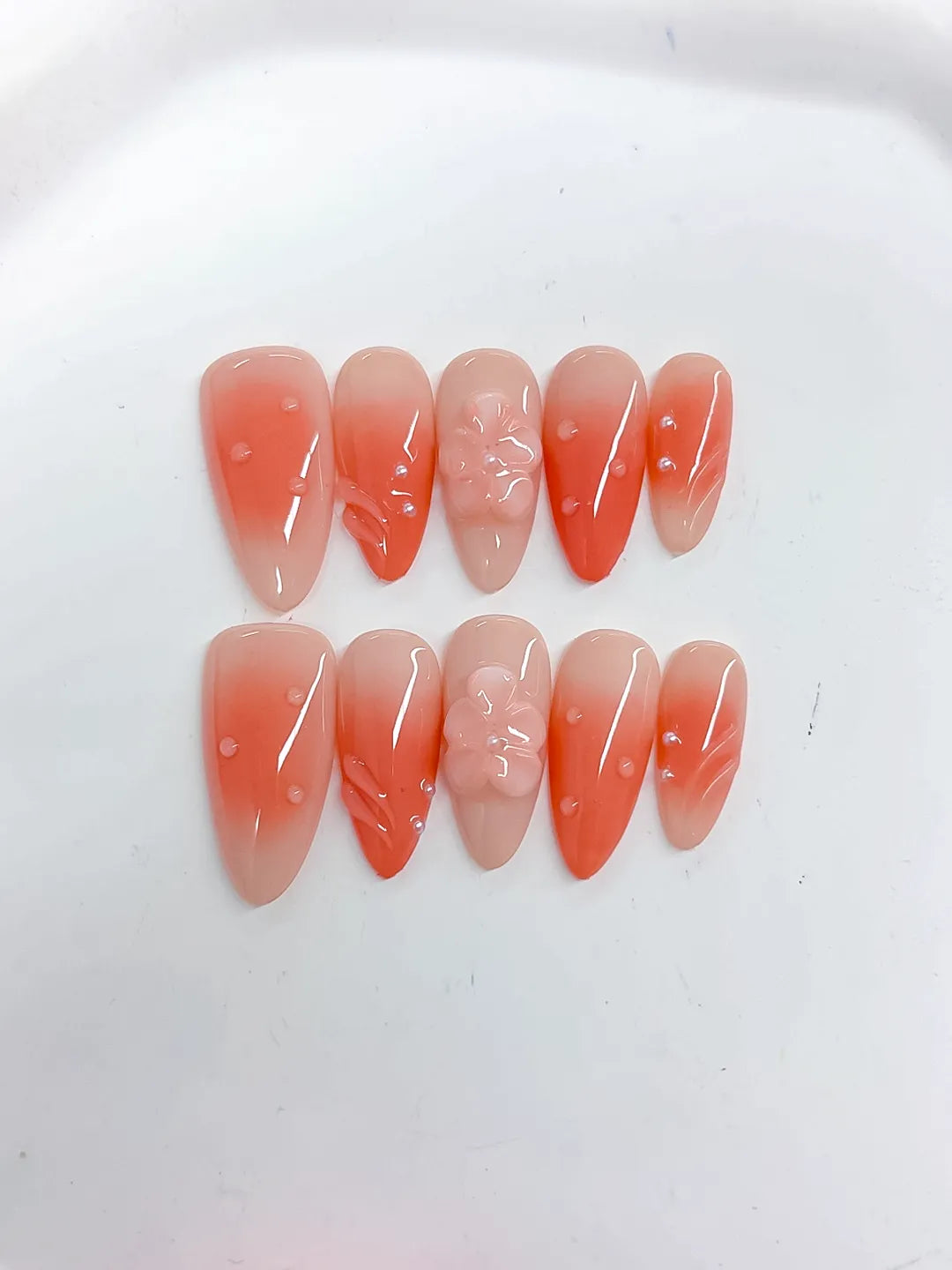 Orange Ombre Flower Rhinestone press on nails detail view