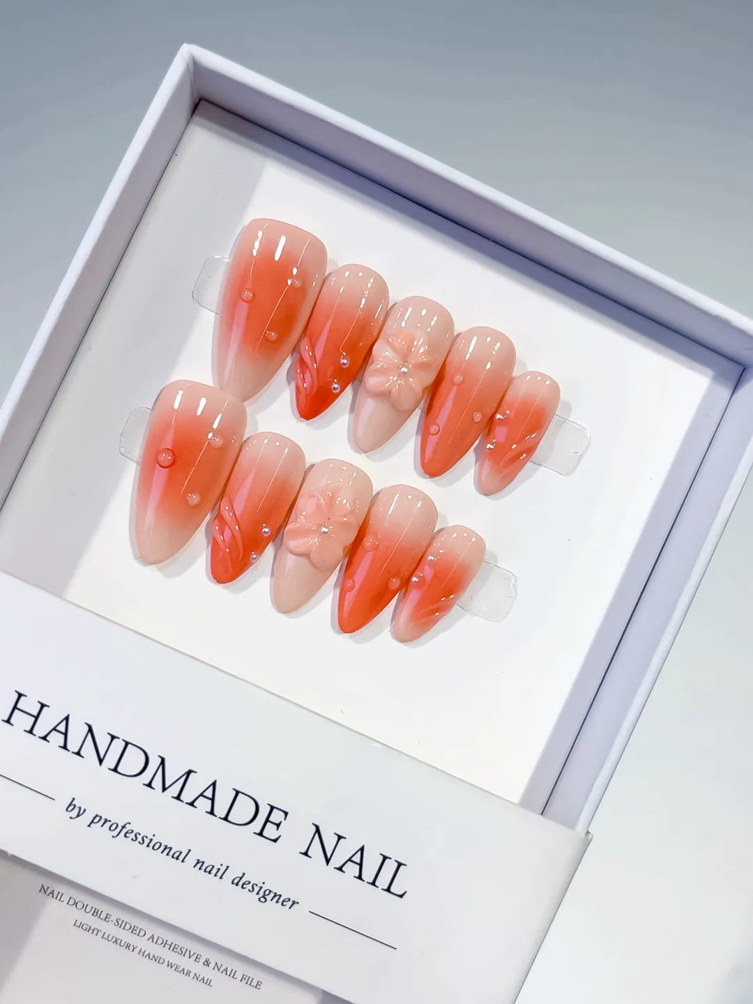 Orange Ombre Flower Rhinestone press on nails
