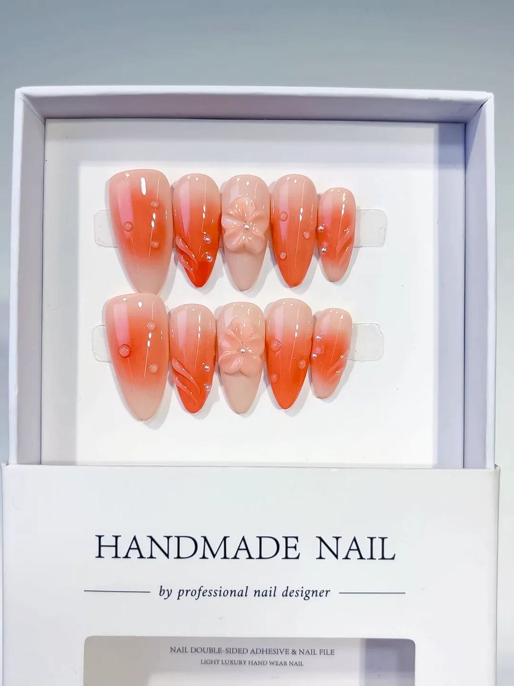 Orange Ombre Flower Rhinestone press on nails full set view