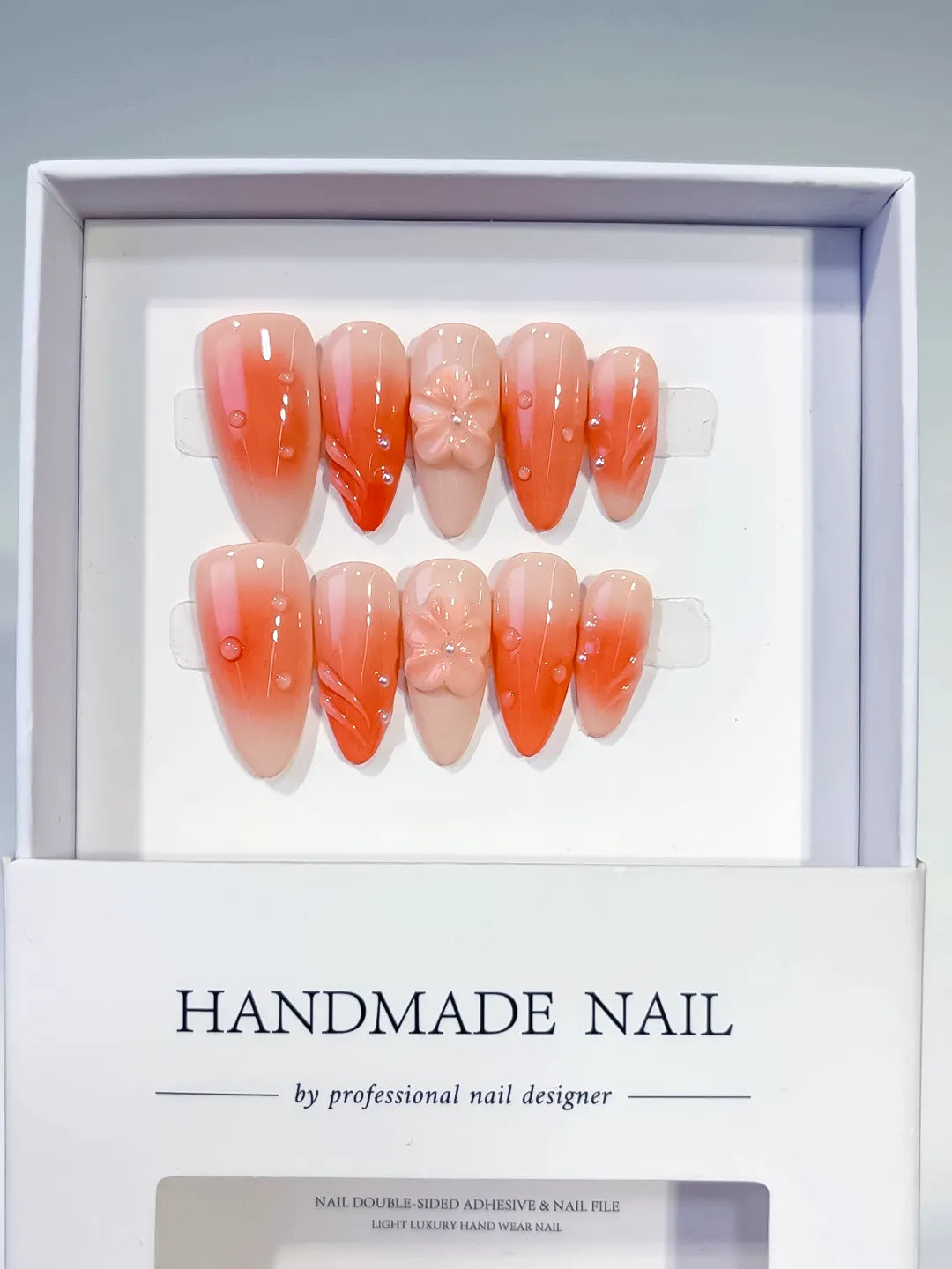 Orange Ombre Flower Rhinestone press on nails full set view