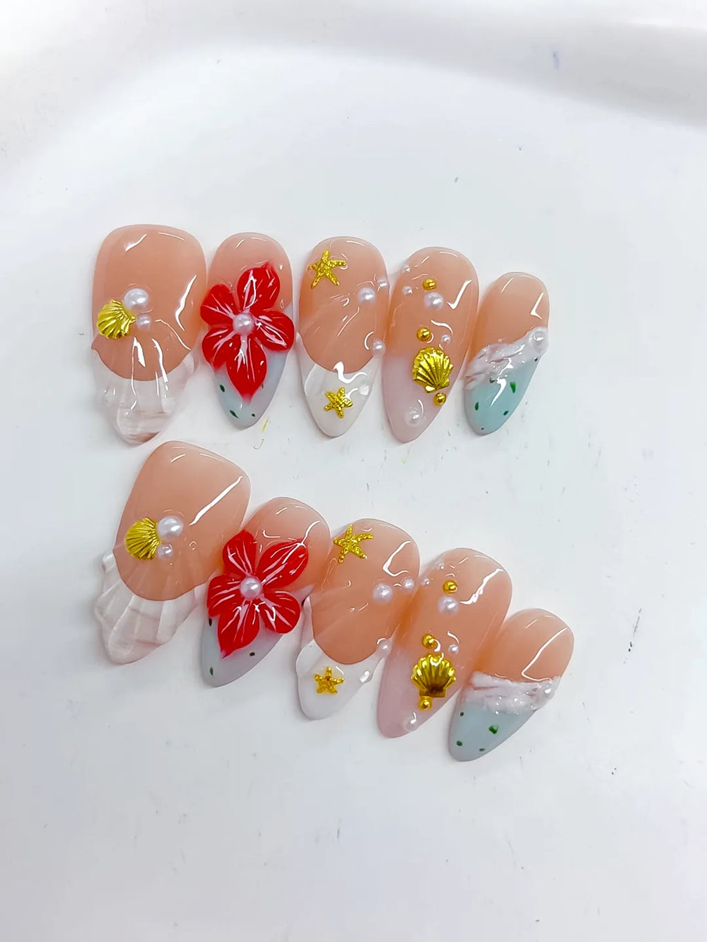 Nude White Red Gold French tip Flower Star Shell press on nails detail view