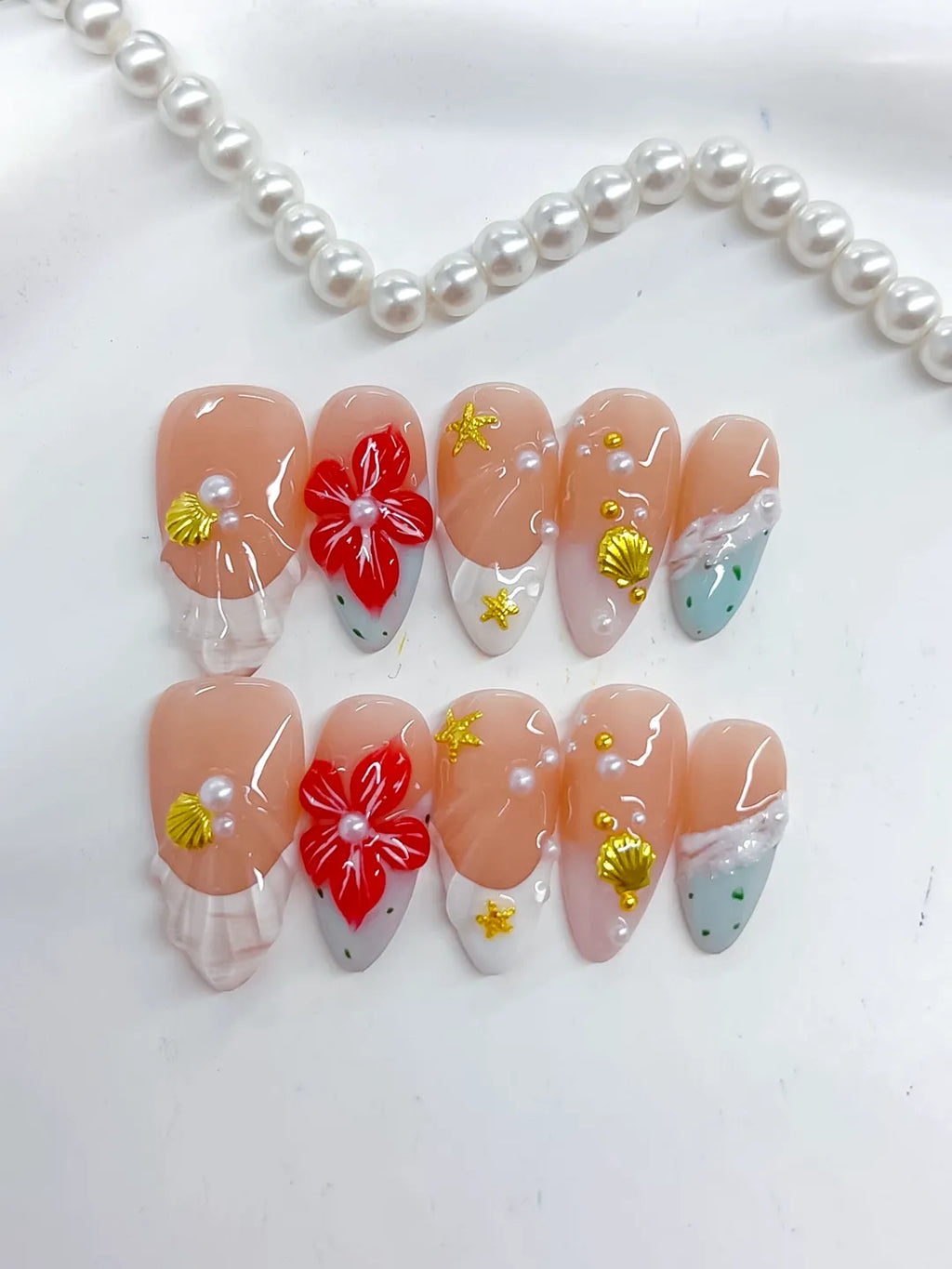 Nude White Red Gold French tip Flower Star Shell press on nails detail view
