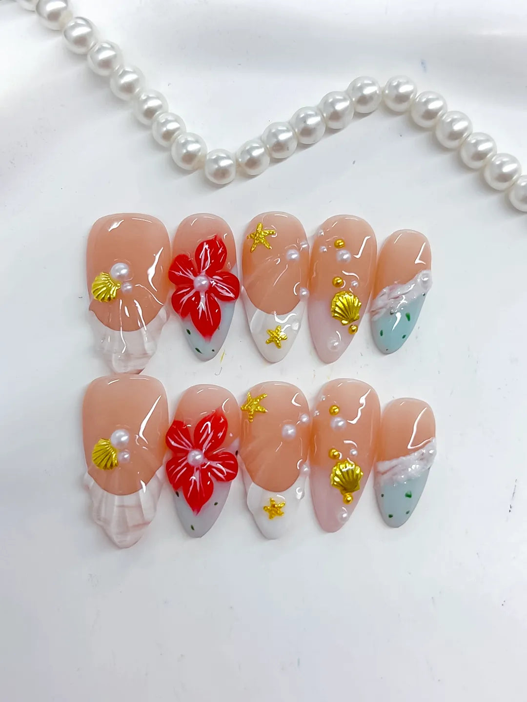 Nude White Red Gold French tip Flower Star Shell press on nails detail view