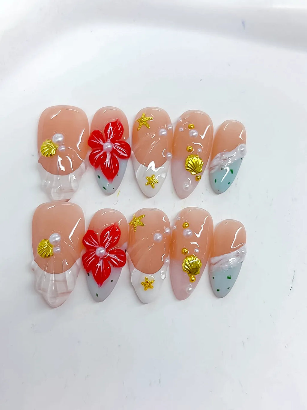 Nude White Red Gold French tip Flower Star Shell press on nails detail view