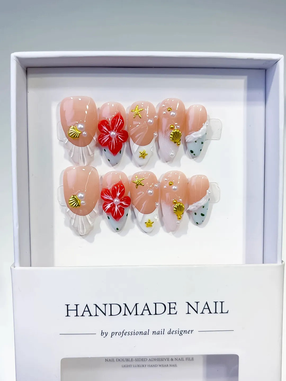 Nude White Red Gold French tip Flower Star Shell press on nails full set view