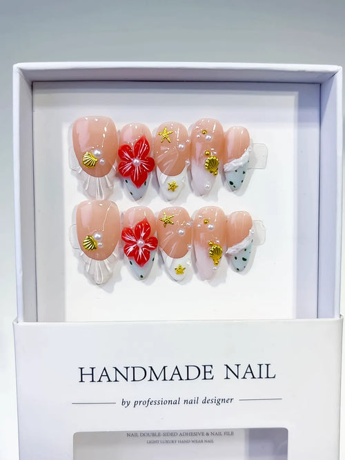 Nude White Red Gold French tip Flower Star Shell press on nails full set view