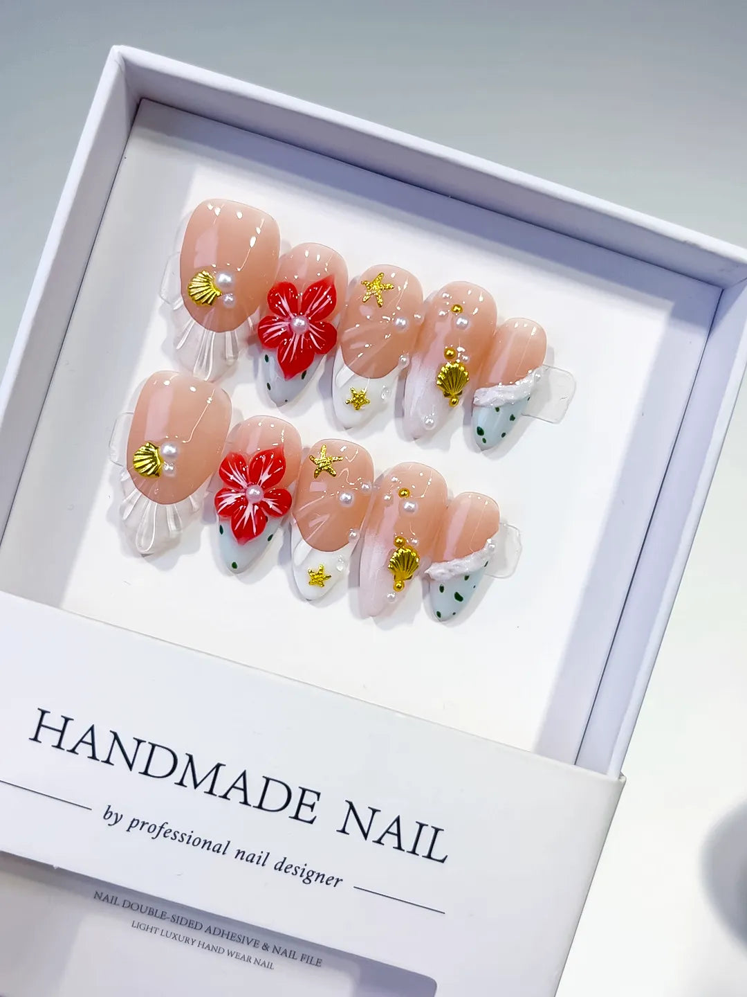 Nude White Red Gold French tip Flower Star Shell press on nails