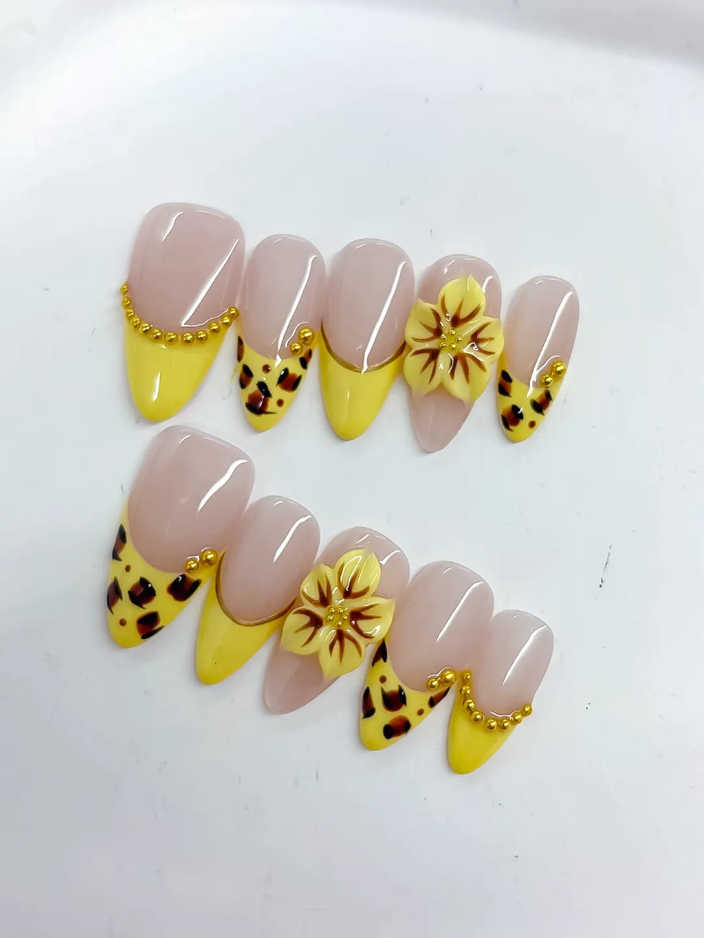 Nude Yellow Black Gold French tip Flower Animal Print Metallic Charm press on nails close up