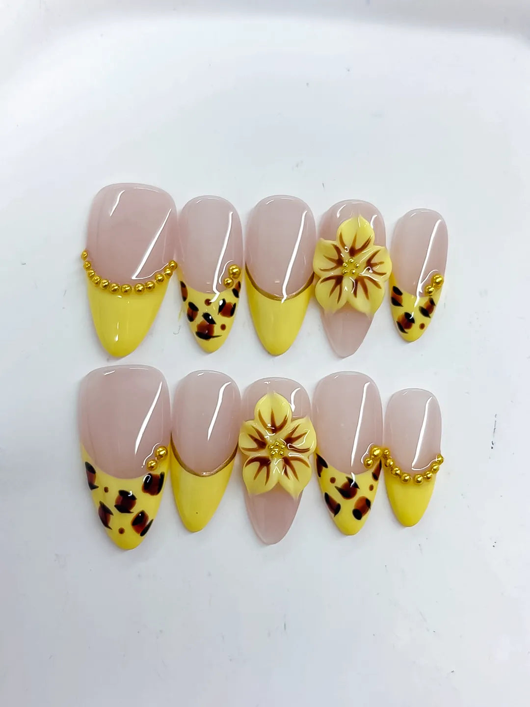 Nude Yellow Black Gold French tip Flower Animal Print Metallic Charm press on nails detail view
