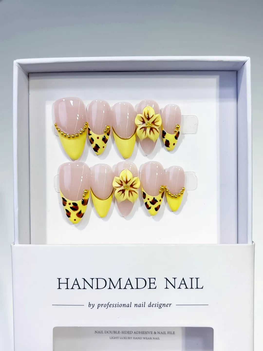 Nude Yellow Black Gold French tip Flower Animal Print Metallic Charm press on nails full set view