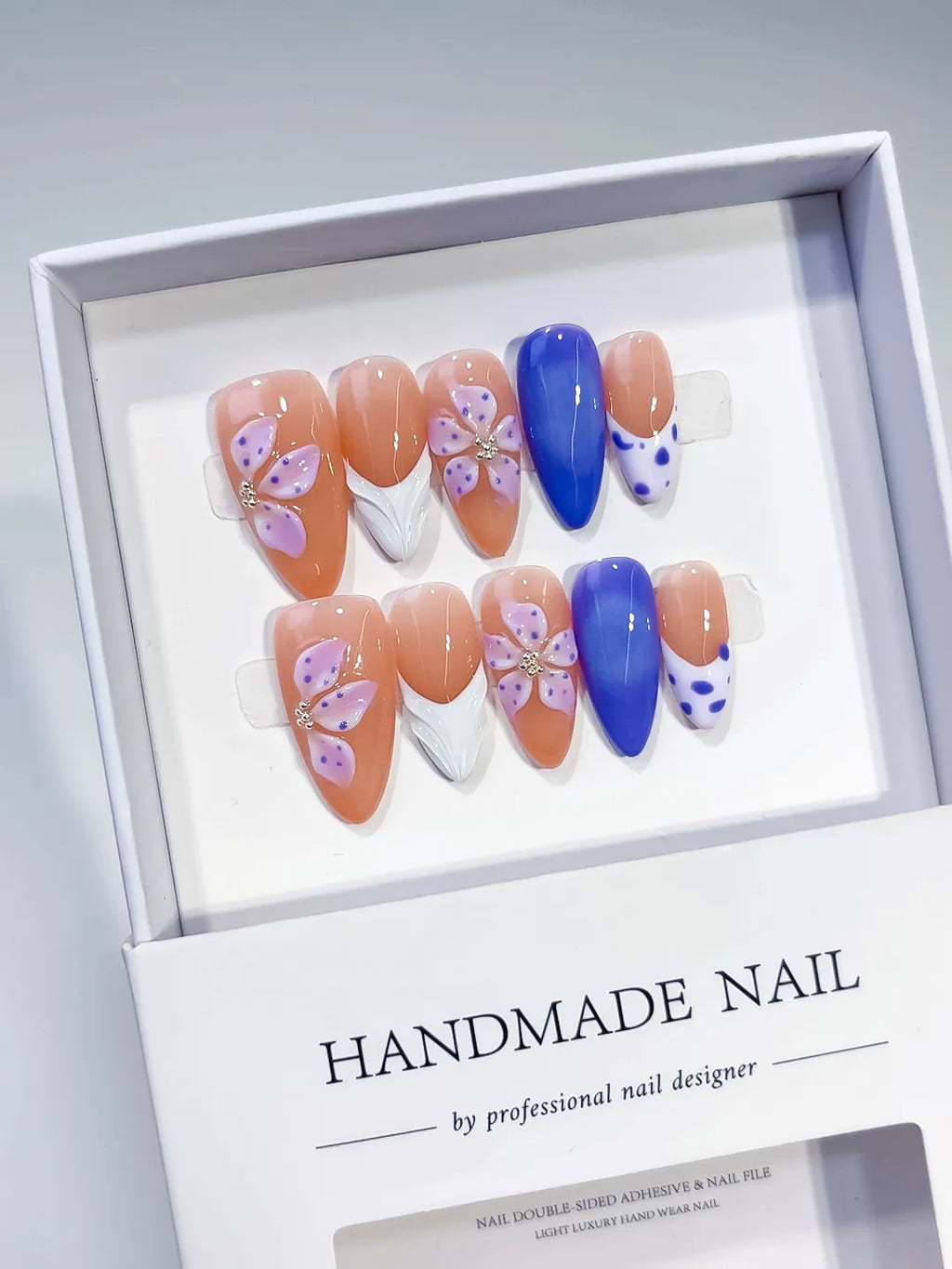 Nude Blue White Purple French tip Flower Dot Pattern press on nails full set view