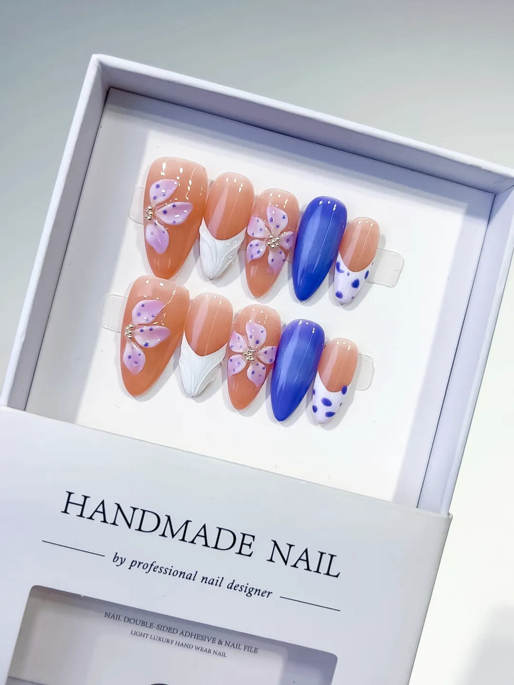 Nude Blue White Purple French tip Flower Dot Pattern press on nails