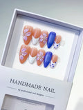 Nude Blue White Purple French tip Flower Dot Pattern press on nails
