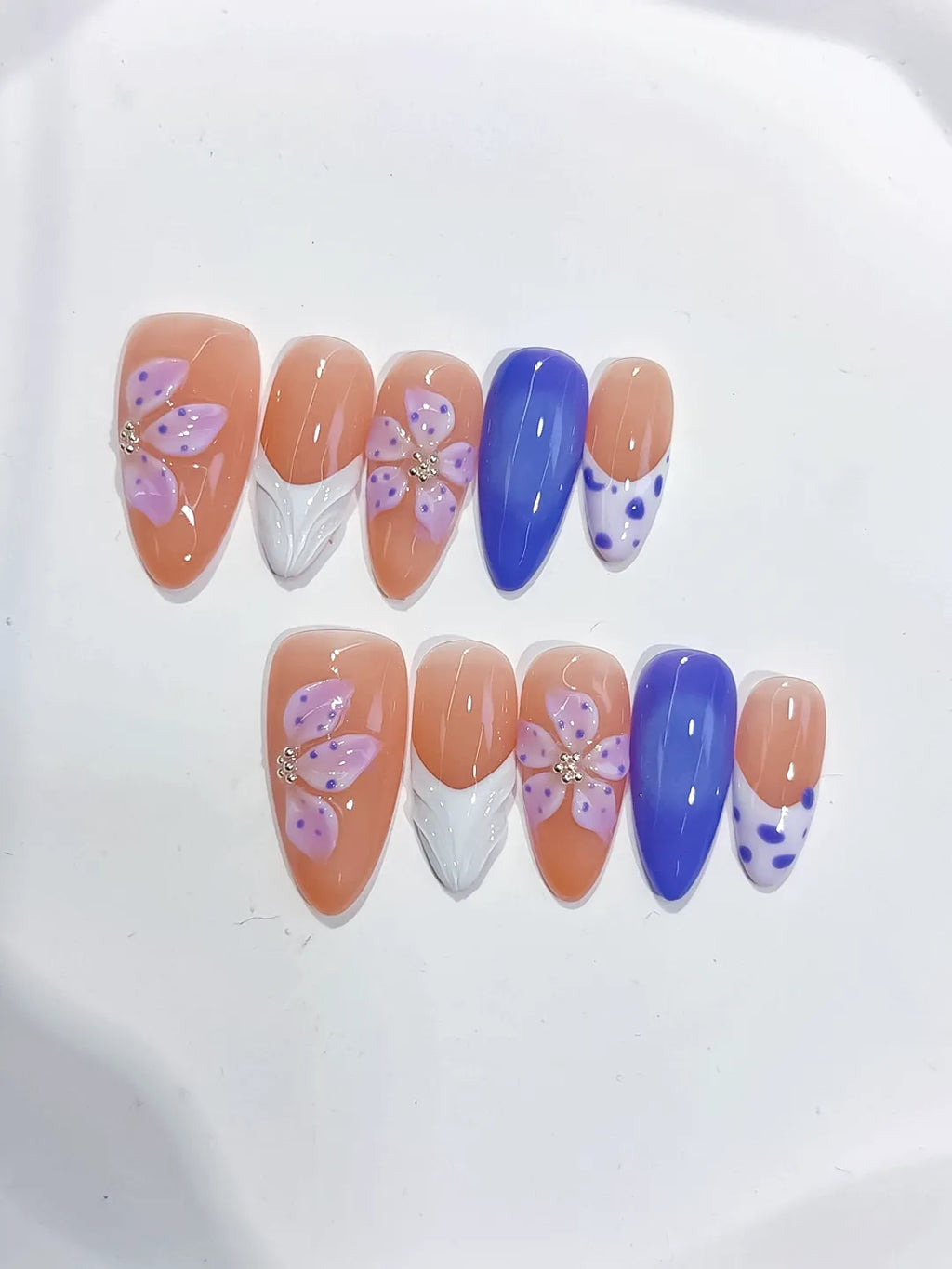 Nude Blue White Purple French tip Flower Dot Pattern press on nails detail view