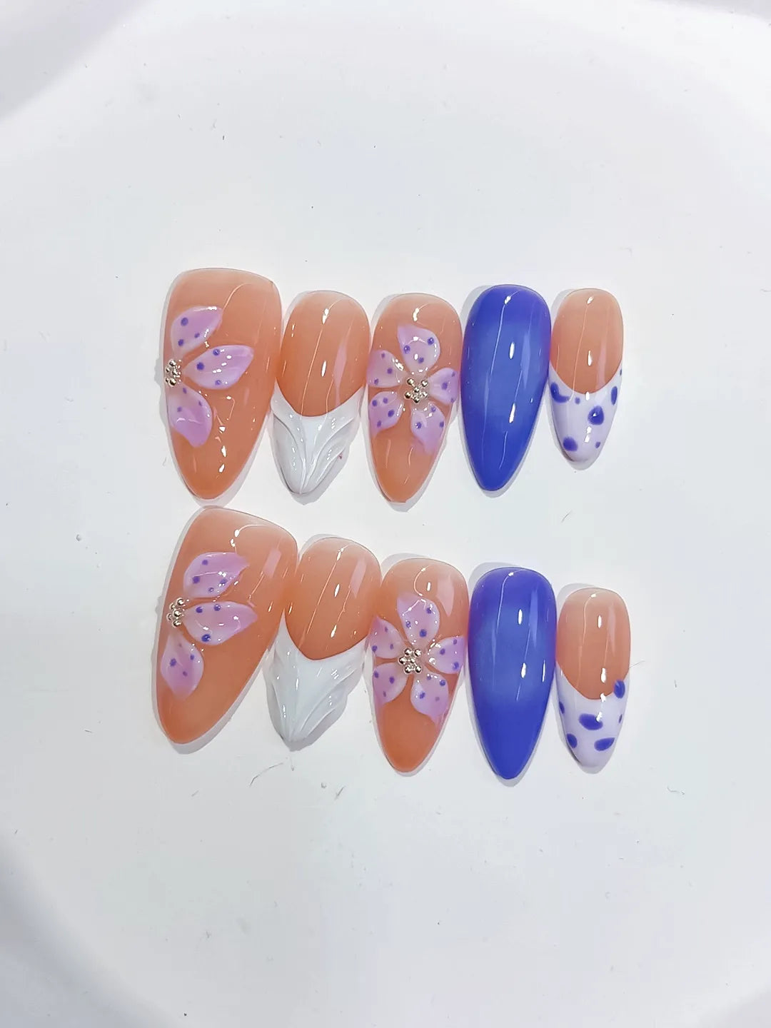 Nude Blue White Purple French tip Flower Dot Pattern press on nails close up
