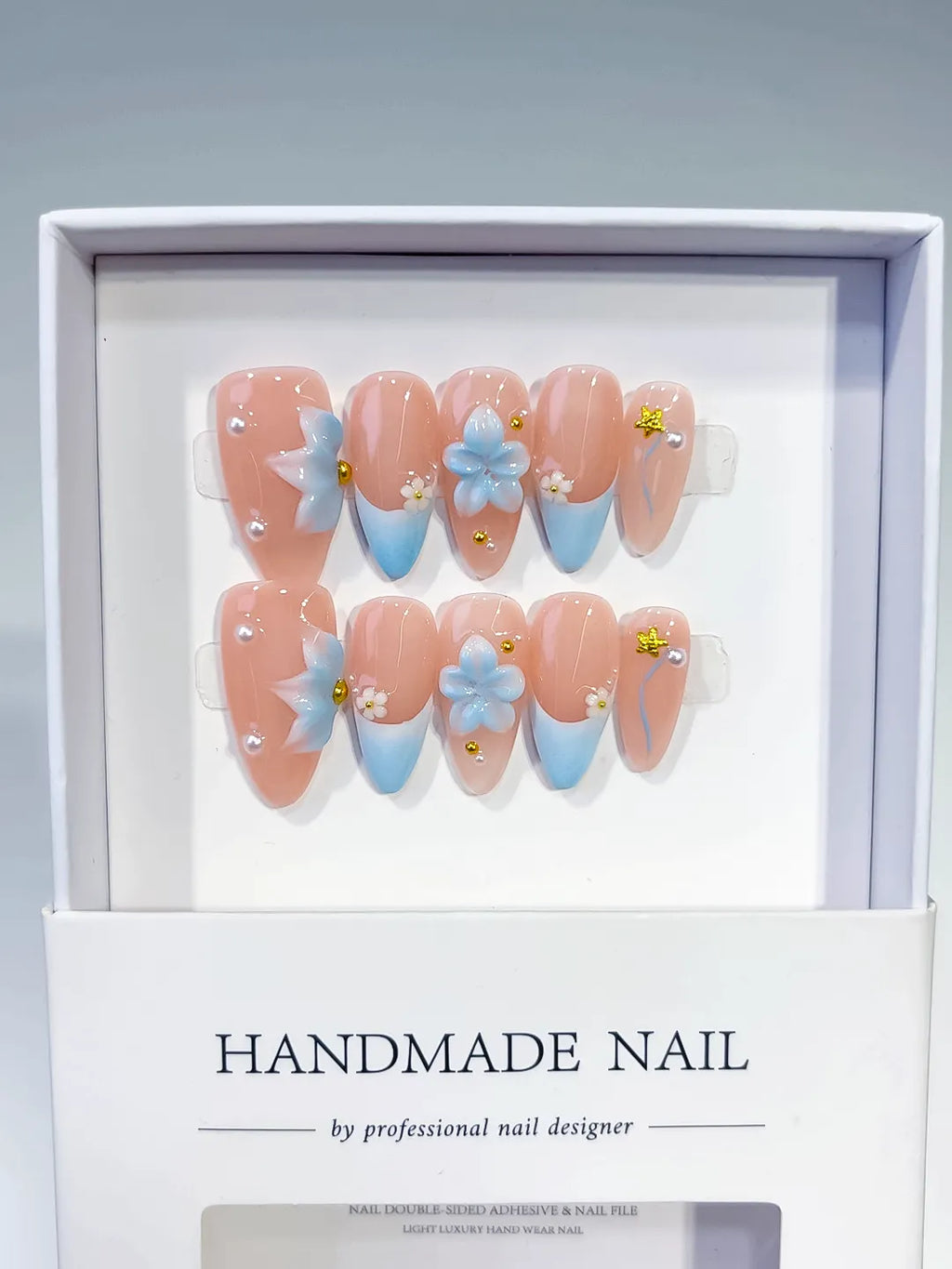 Nude Blue French tip Flower Star Rhinestone press on nails full set view